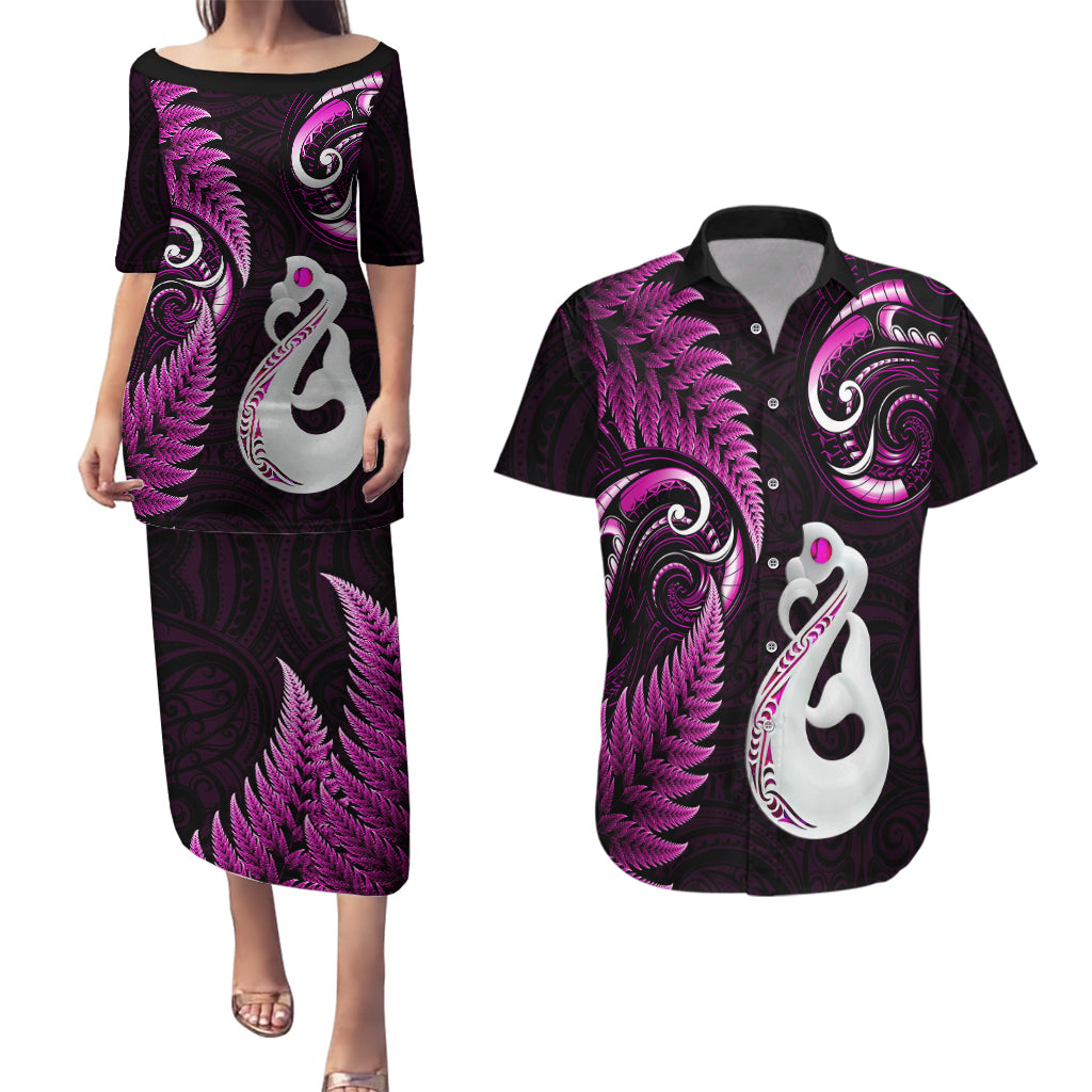 Personalised New Zealand Couples Puletasi Dress and Hawaiian Shirt Aotearoa Silver Fern With Manaia Maori Unique Pink - Wonder Print Shop