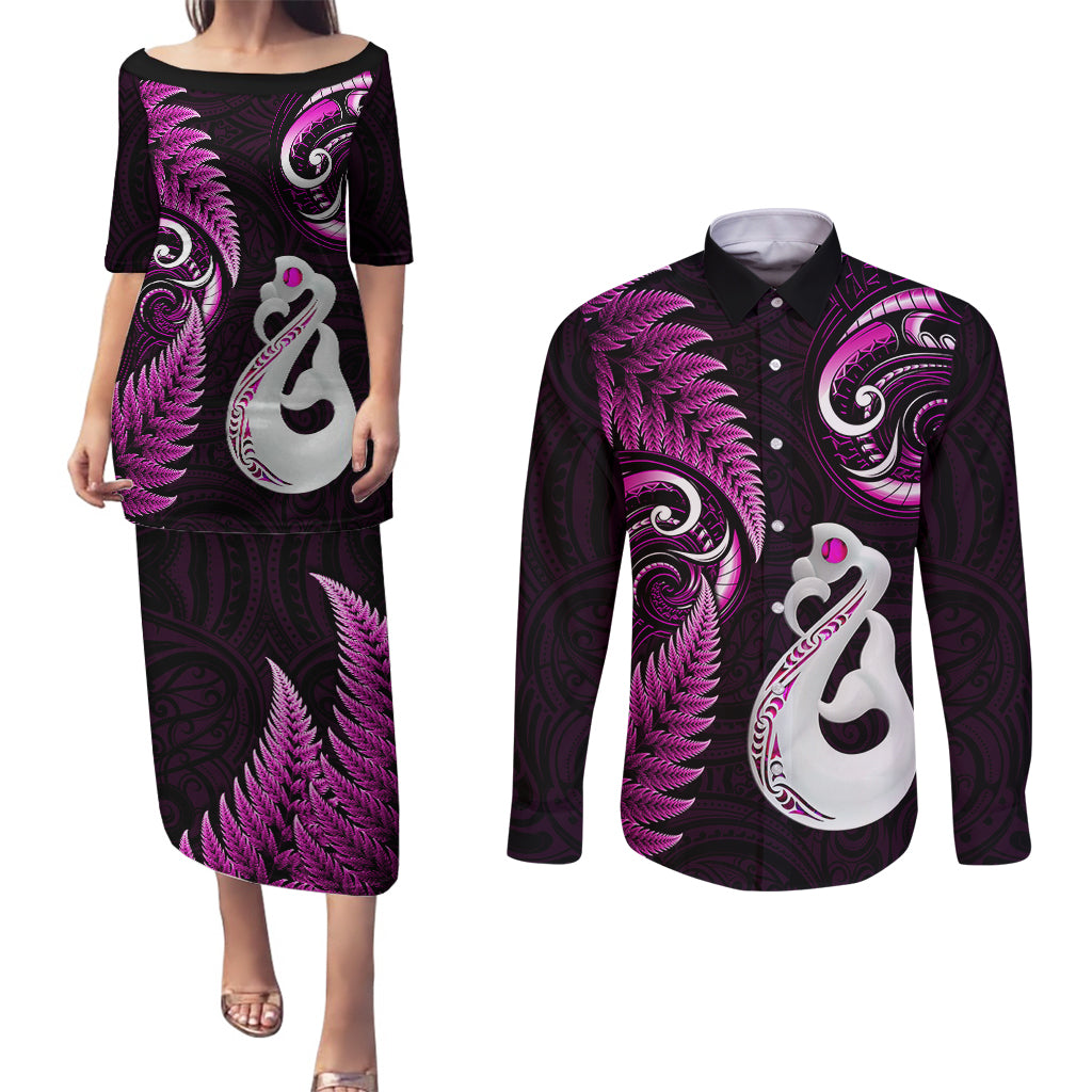 Personalised New Zealand Couples Puletasi Dress and Long Sleeve Button Shirts Aotearoa Silver Fern With Manaia Maori Unique Pink - Wonder Print Shop