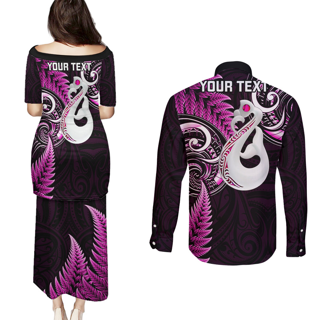 Personalised New Zealand Couples Puletasi Dress and Long Sleeve Button Shirts Aotearoa Silver Fern With Manaia Maori Unique Pink - Wonder Print Shop