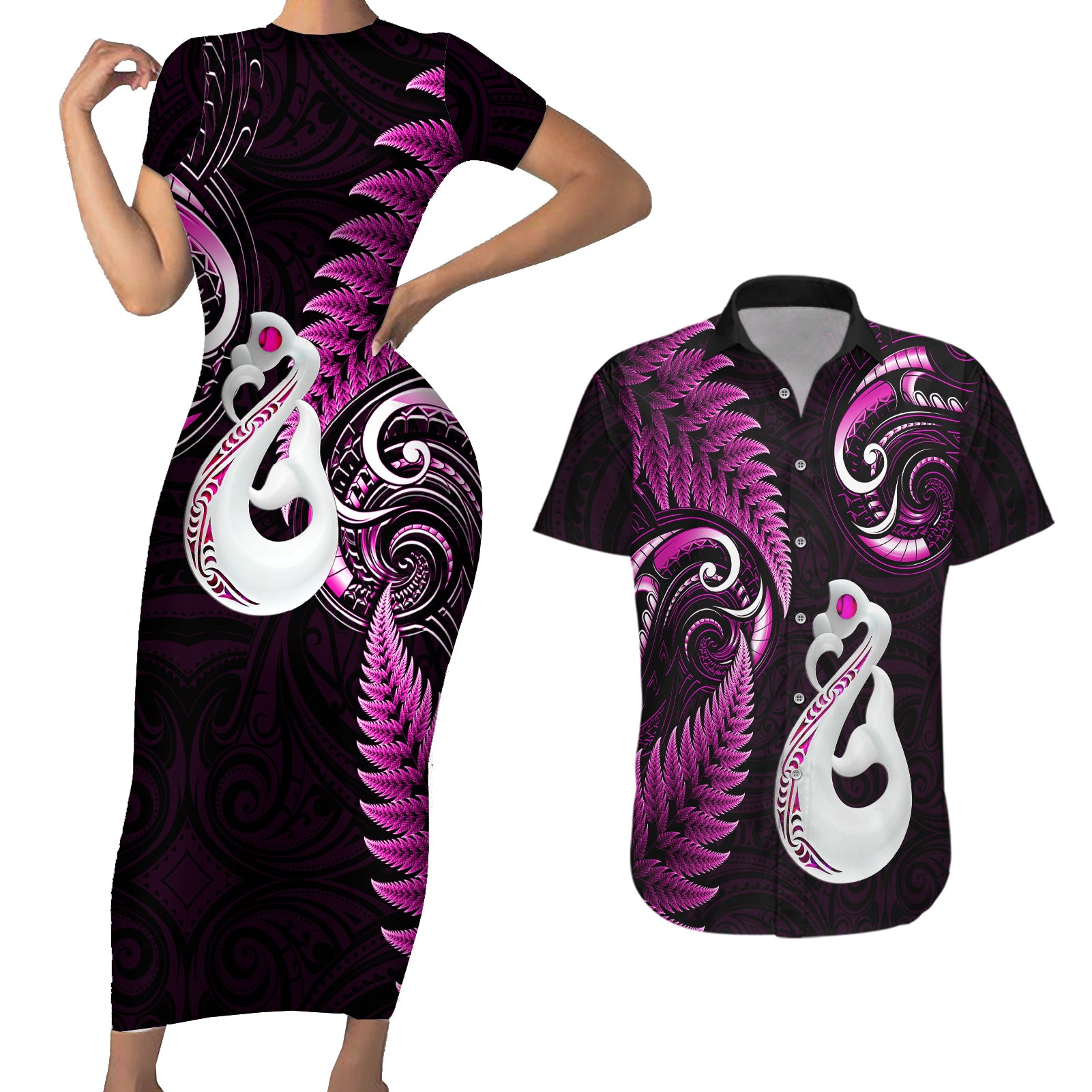 Personalised New Zealand Couples Short Sleeve Bodycon Dress and Hawaiian Shirt Aotearoa Silver Fern With Manaia Maori Unique Pink - Wonder Print Shop