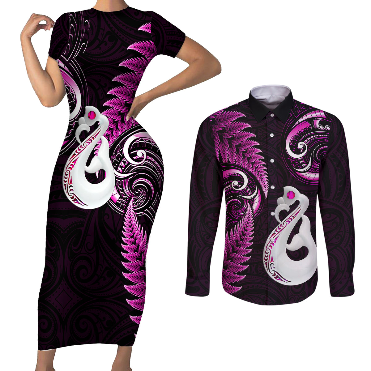 Personalised New Zealand Couples Short Sleeve Bodycon Dress and Long Sleeve Button Shirts Aotearoa Silver Fern With Manaia Maori Unique Pink - Wonder Print Shop