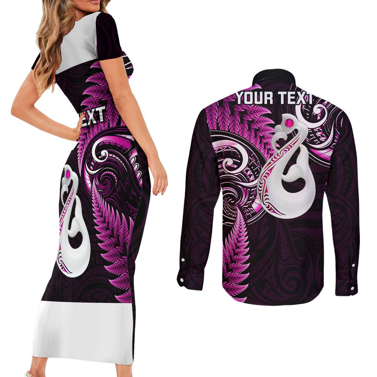 Personalised New Zealand Couples Short Sleeve Bodycon Dress and Long Sleeve Button Shirts Aotearoa Silver Fern With Manaia Maori Unique Pink - Wonder Print Shop