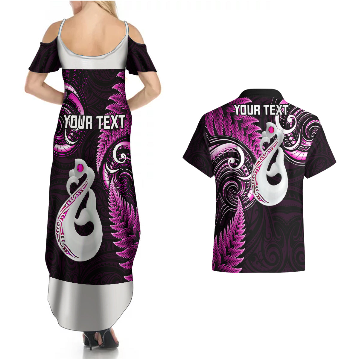 Personalised New Zealand Couples Summer Maxi Dress and Hawaiian Shirt Aotearoa Silver Fern With Manaia Maori Unique Pink - Wonder Print Shop