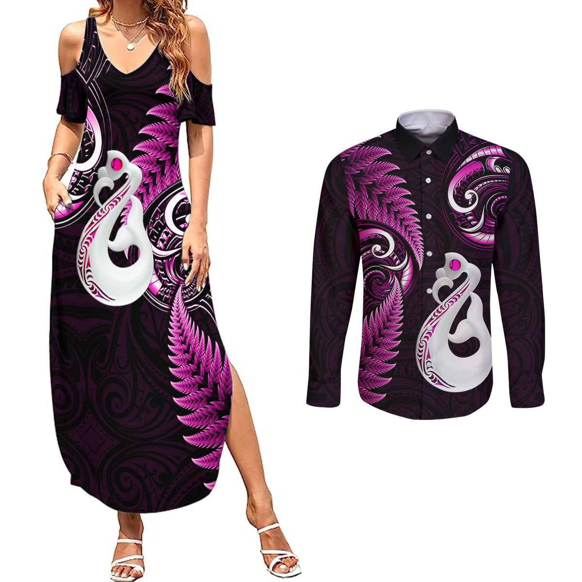 Personalised New Zealand Couples Summer Maxi Dress and Long Sleeve Button Shirts Aotearoa Silver Fern With Manaia Maori Unique Pink - Wonder Print Shop