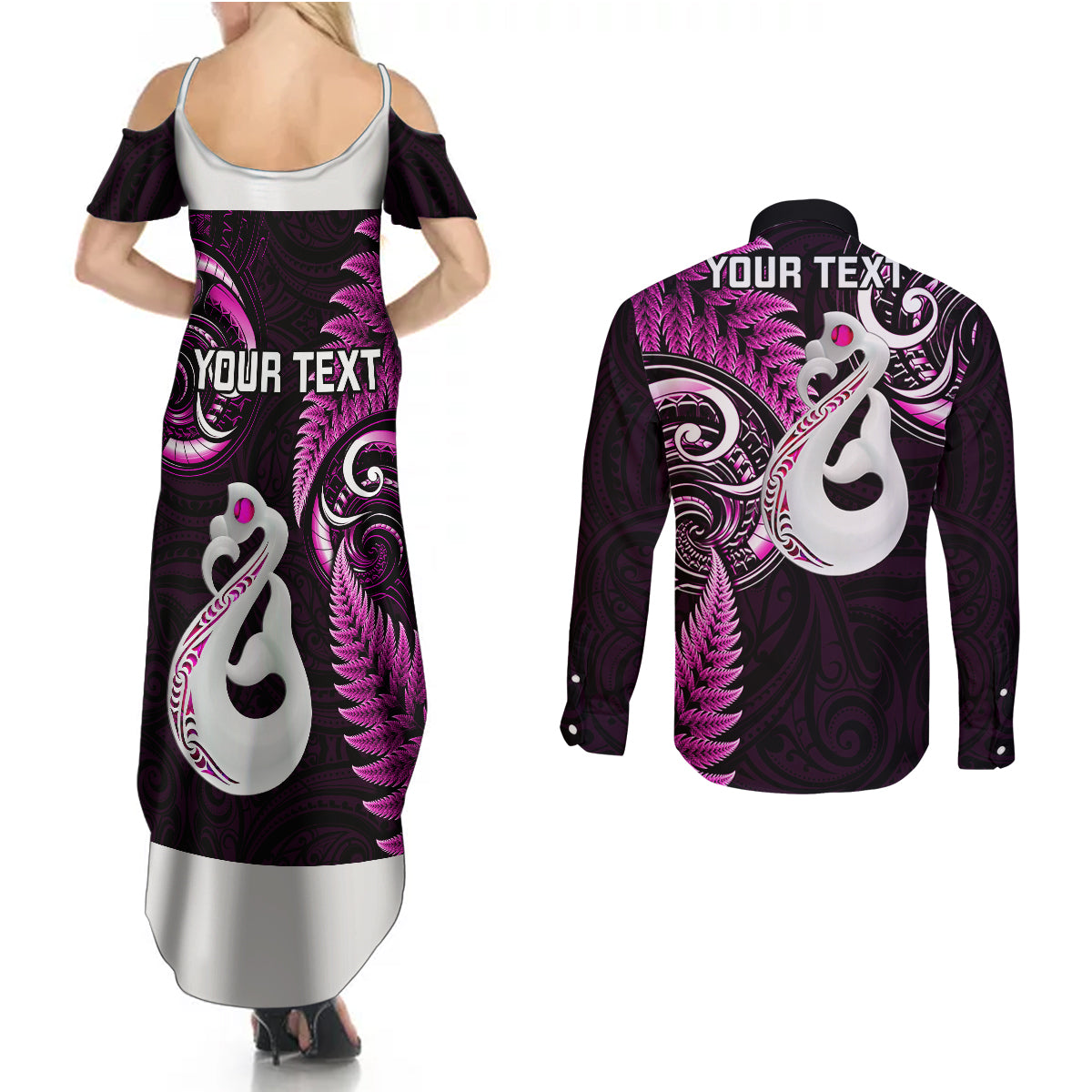 Personalised New Zealand Couples Summer Maxi Dress and Long Sleeve Button Shirts Aotearoa Silver Fern With Manaia Maori Unique Pink - Wonder Print Shop