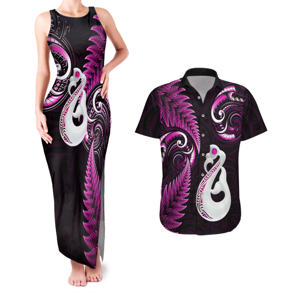 Personalised New Zealand Couples Matching Tank Maxi Dress And Hawaiian Shirt Aotearoa Silver Fern With Manaia Maori Unique Pink - Wonder Print Shop