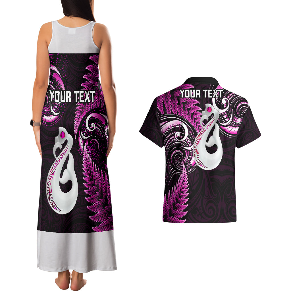 Personalised New Zealand Couples Matching Tank Maxi Dress And Hawaiian Shirt Aotearoa Silver Fern With Manaia Maori Unique Pink - Wonder Print Shop