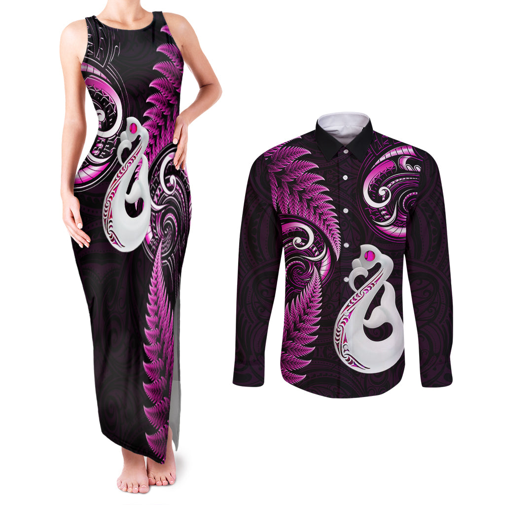 Personalised New Zealand Couples Matching Tank Maxi Dress and Long Sleeve Button Shirts Aotearoa Silver Fern With Manaia Maori Unique Pink - Wonder Print Shop
