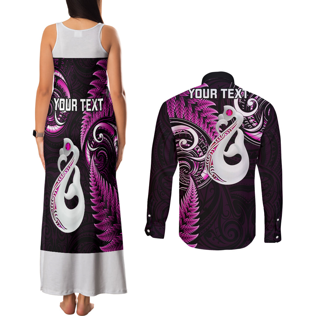 Personalised New Zealand Couples Matching Tank Maxi Dress and Long Sleeve Button Shirts Aotearoa Silver Fern With Manaia Maori Unique Pink - Wonder Print Shop