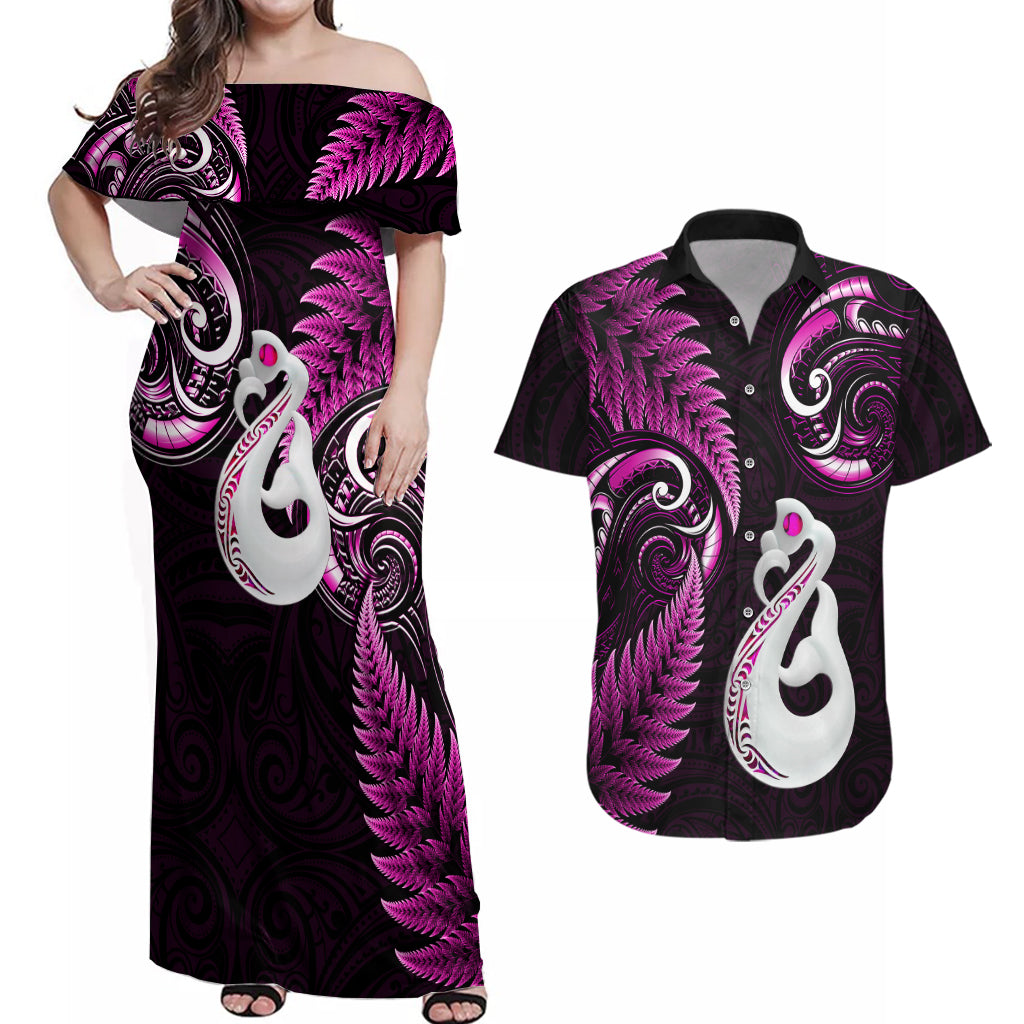 Personalised New Zealand Couples Off Shoulder Maxi Dress and Hawaiian Shirt Aotearoa Silver Fern With Manaia Maori Unique Pink - Wonder Print Shop