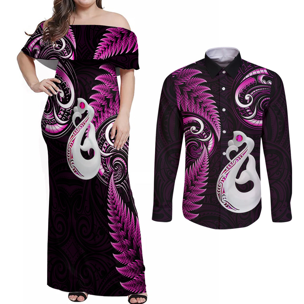 Personalised New Zealand Couples Off Shoulder Maxi Dress and Long Sleeve Button Shirts Aotearoa Silver Fern With Manaia Maori Unique Pink - Wonder Print Shop
