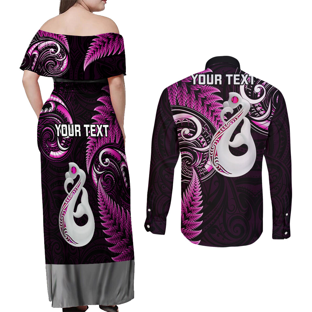 Personalised New Zealand Couples Off Shoulder Maxi Dress and Long Sleeve Button Shirts Aotearoa Silver Fern With Manaia Maori Unique Pink - Wonder Print Shop