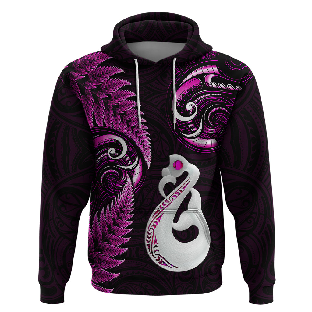 Personalised New Zealand Hoodie Aotearoa Silver Fern With Manaia Maori Unique Pink - Wonder Print Shop