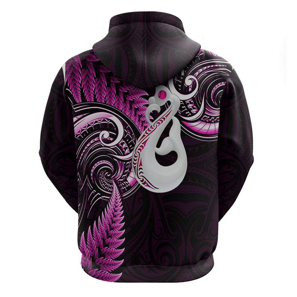 Personalised New Zealand Hoodie Aotearoa Silver Fern With Manaia Maori Unique Pink - Wonder Print Shop