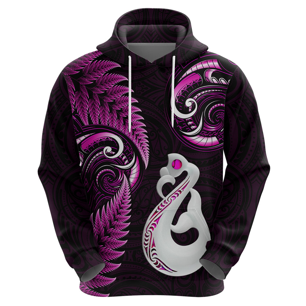Personalised New Zealand Hoodie Aotearoa Silver Fern With Manaia Maori Unique Pink - Wonder Print Shop