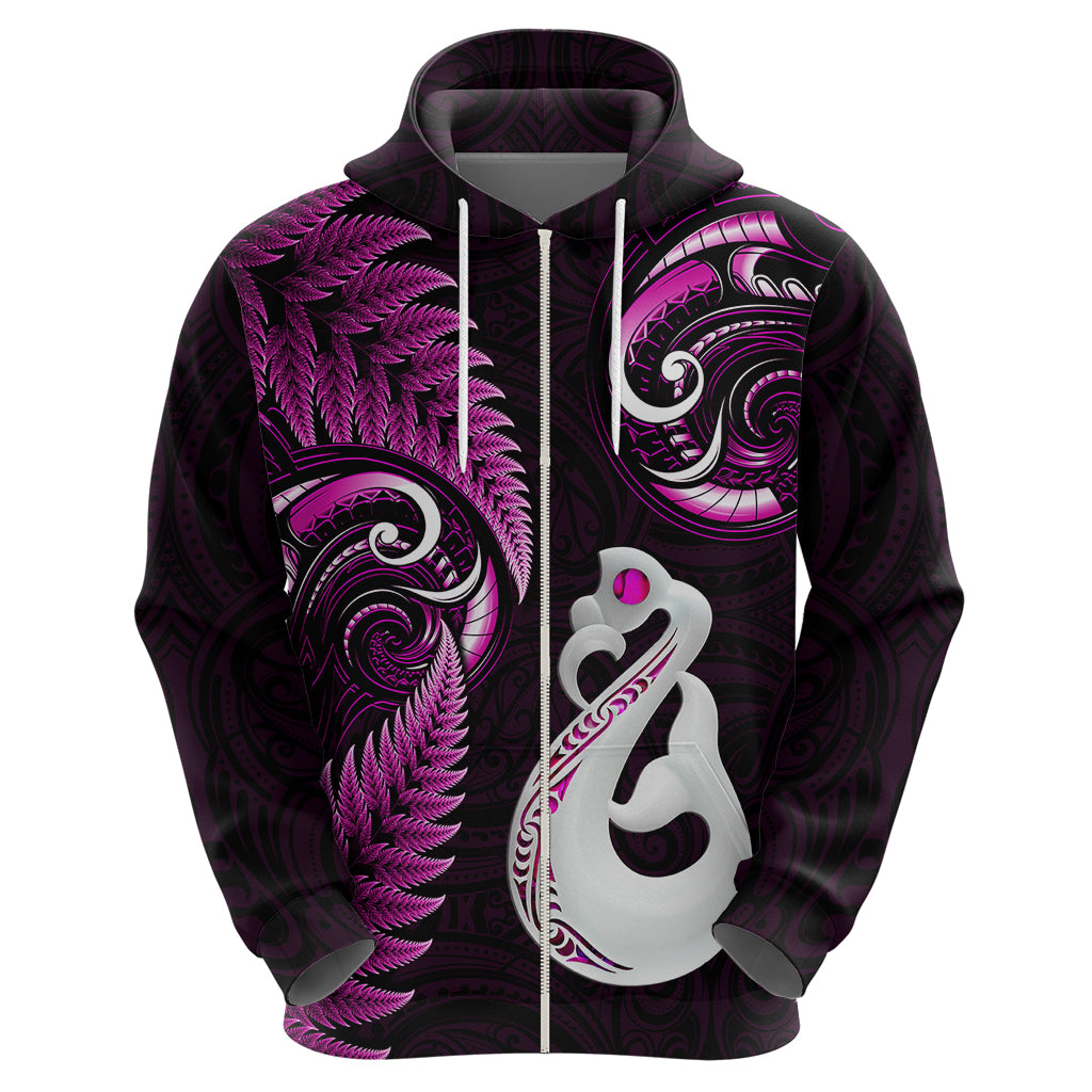 Personalised New Zealand Hoodie Aotearoa Silver Fern With Manaia Maori Unique Pink - Wonder Print Shop