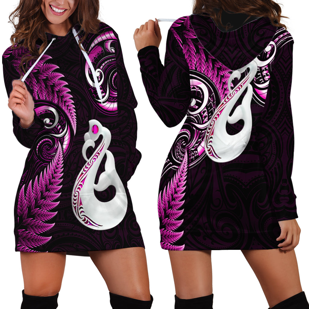 Personalised New Zealand Hoodie Dress Aotearoa Silver Fern With Manaia Maori Unique Pink - Wonder Print Shop