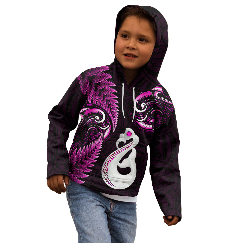 Personalised New Zealand Kid Hoodie Aotearoa Silver Fern With Manaia Maori Unique Pink - Wonder Print Shop