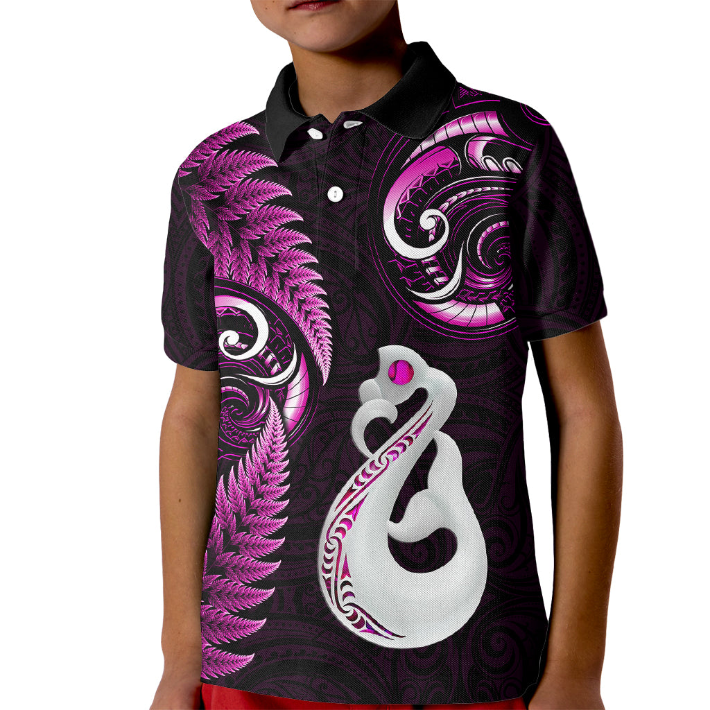Personalised New Zealand Kid Polo Shirt Aotearoa Silver Fern With Manaia Maori Unique Pink - Wonder Print Shop
