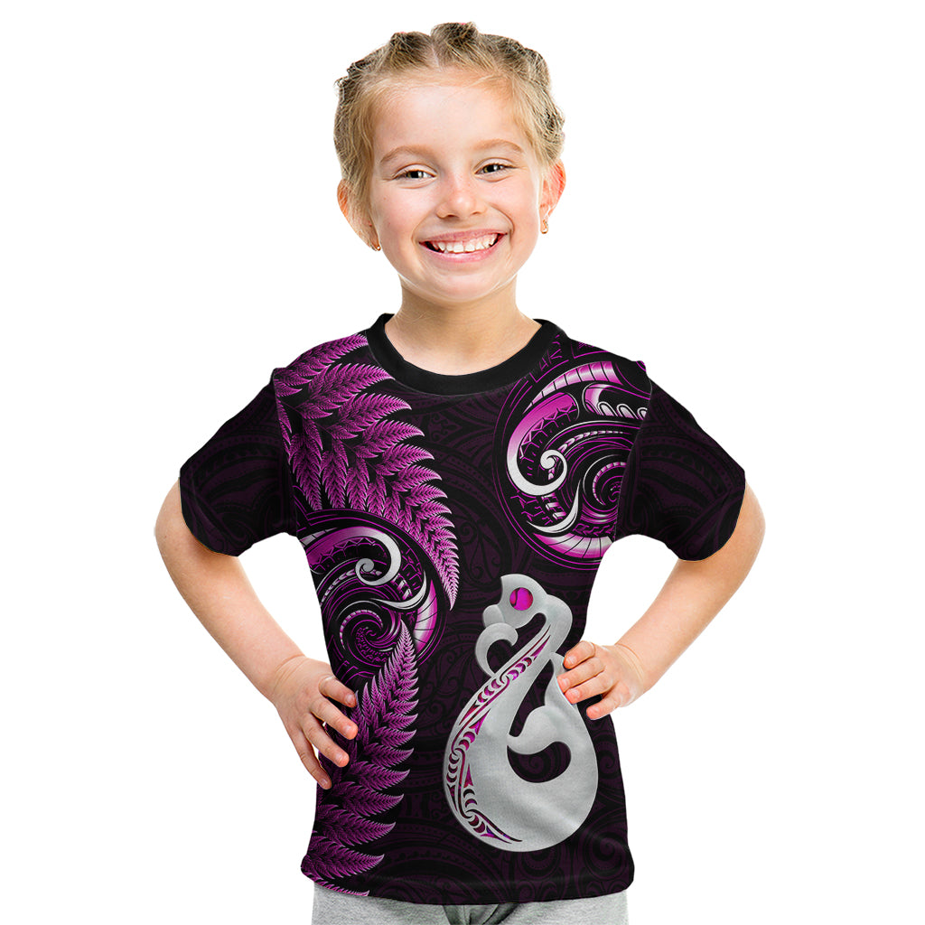 Personalised New Zealand Kid T Shirt Aotearoa Silver Fern With Manaia Maori Unique Pink - Wonder Print Shop