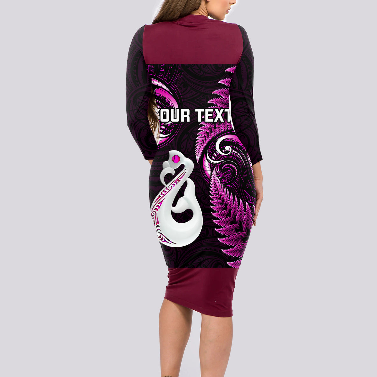Personalised New Zealand Long Sleeve Bodycon Dress Aotearoa Silver Fern With Manaia Maori Unique Pink - Wonder Print Shop
