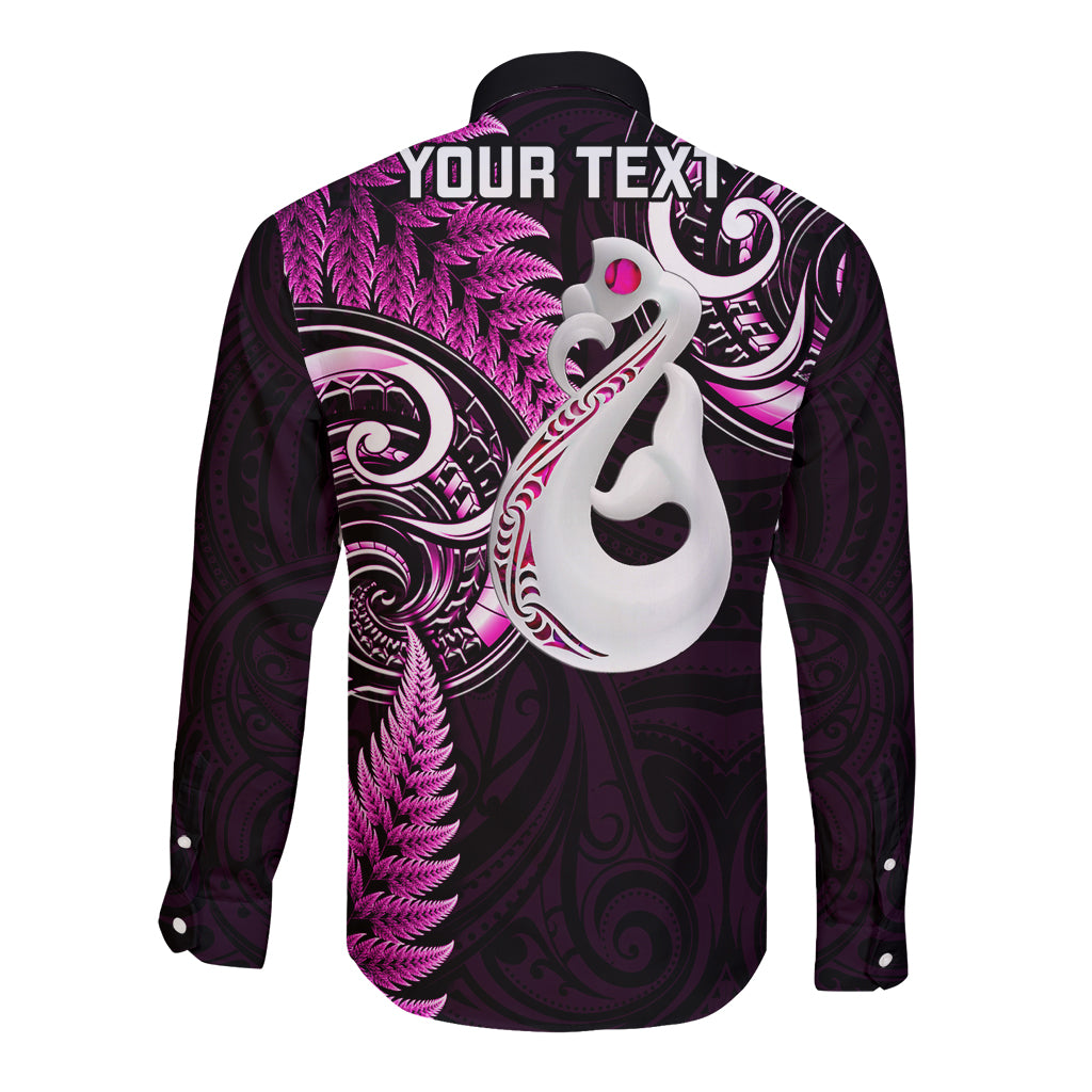 Personalised New Zealand Long Sleeve Button Shirt Aotearoa Silver Fern With Manaia Maori Unique Pink - Wonder Print Shop