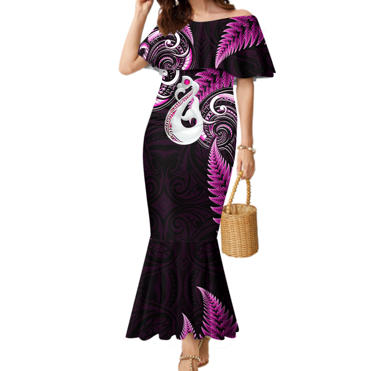 Personalised New Zealand Mermaid Dress Aotearoa Silver Fern With Manaia Maori Unique Pink - Wonder Print Shop