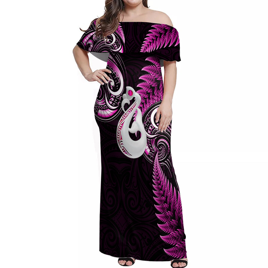 Personalised New Zealand Off Shoulder Maxi Dress Aotearoa Silver Fern With Manaia Maori Unique Pink - Wonder Print Shop