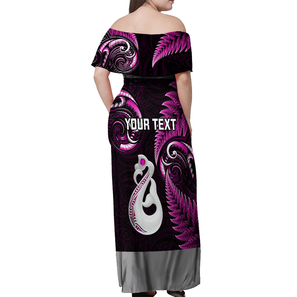 Personalised New Zealand Off Shoulder Maxi Dress Aotearoa Silver Fern With Manaia Maori Unique Pink - Wonder Print Shop
