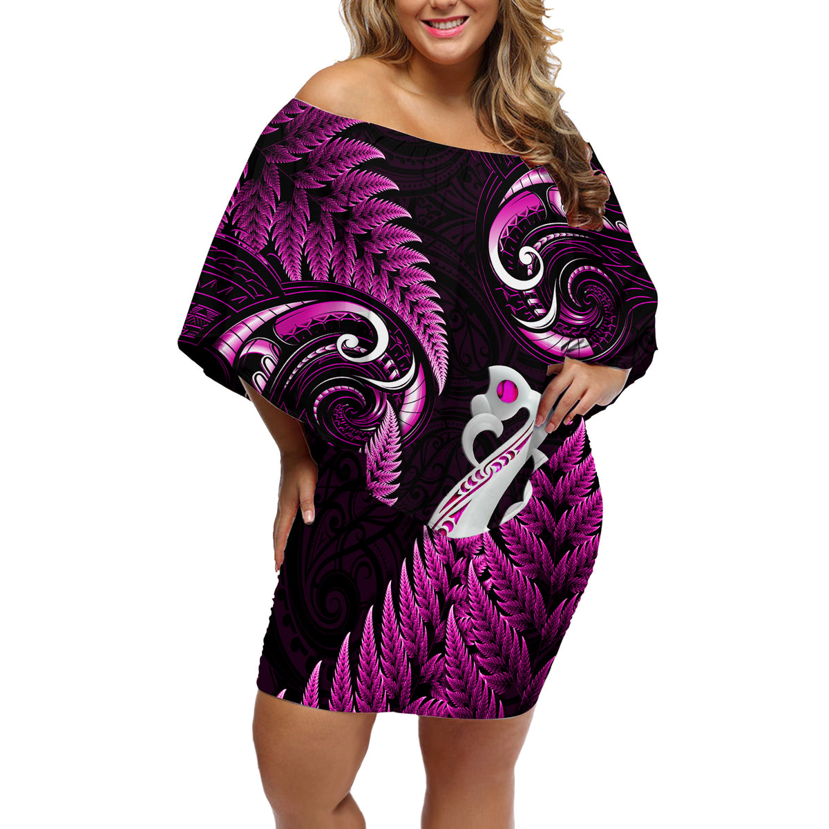 Personalised New Zealand Off Shoulder Short Dress Aotearoa Silver Fern With Manaia Maori Unique Pink - Wonder Print Shop
