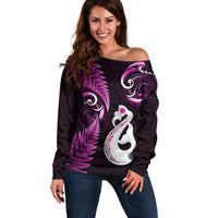 Personalised New Zealand Off Shoulder Sweater Aotearoa Silver Fern With Manaia Maori Unique Pink - Wonder Print Shop