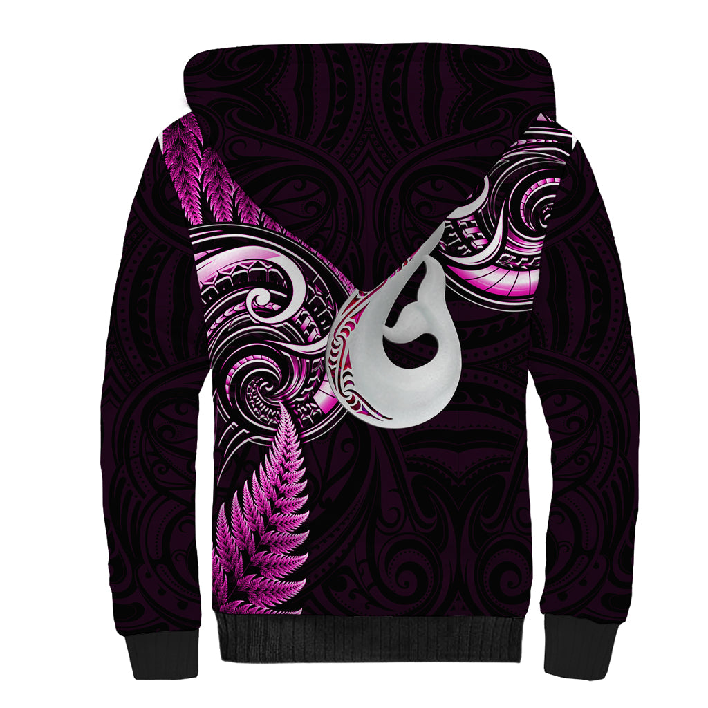 Personalised New Zealand Sherpa Hoodie Aotearoa Silver Fern With Manaia Maori Unique Pink - Wonder Print Shop