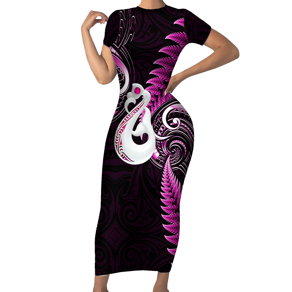 Personalised New Zealand Short Sleeve Bodycon Dress Aotearoa Silver Fern With Manaia Maori Unique Pink - Wonder Print Shop