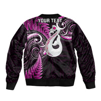 Personalised New Zealand Sleeve Zip Bomber Jacket Aotearoa Silver Fern With Manaia Maori Unique Pink - Wonder Print Shop