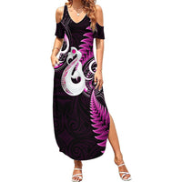 Personalised New Zealand Summer Maxi Dress Aotearoa Silver Fern With Manaia Maori Unique Pink - Wonder Print Shop