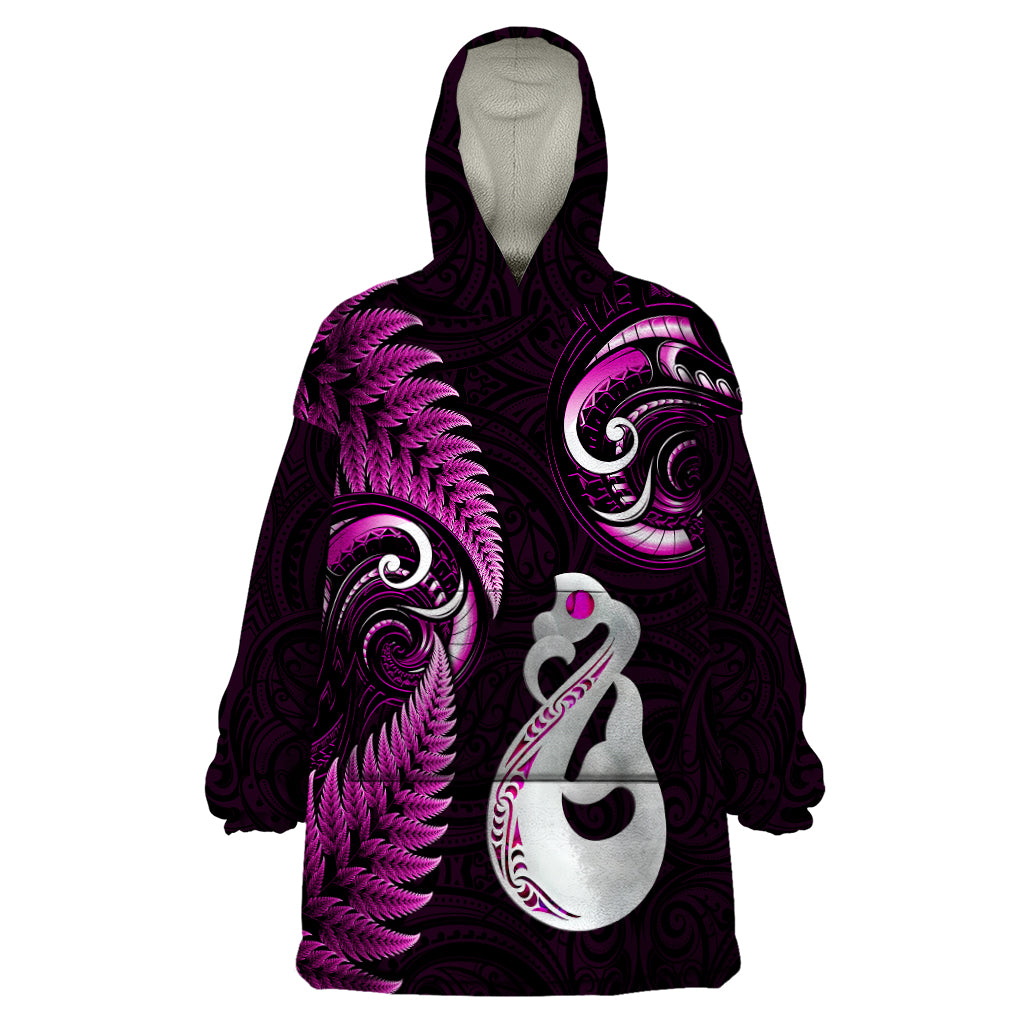 Personalised New Zealand Wearable Blanket Hoodie Aotearoa Silver Fern With Manaia Maori Unique Pink - Wonder Print Shop