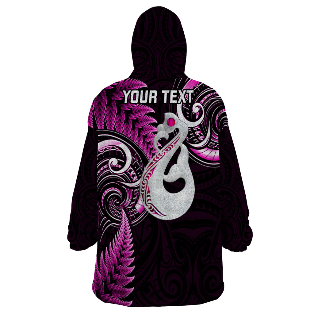 Personalised New Zealand Wearable Blanket Hoodie Aotearoa Silver Fern With Manaia Maori Unique Pink - Wonder Print Shop