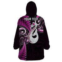 Personalised New Zealand Wearable Blanket Hoodie Aotearoa Silver Fern With Manaia Maori Unique Pink - Wonder Print Shop