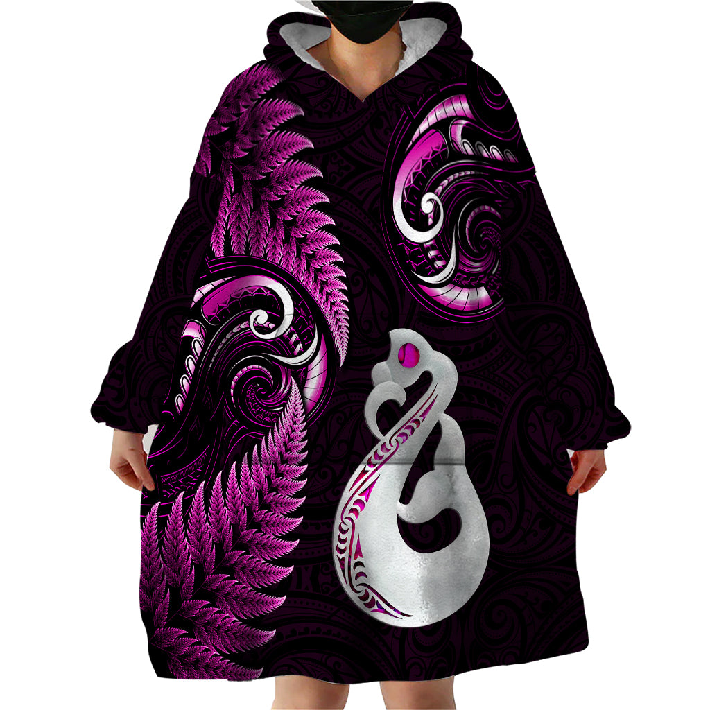 Personalised New Zealand Wearable Blanket Hoodie Aotearoa Silver Fern With Manaia Maori Unique Pink - Wonder Print Shop
