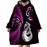 Personalised New Zealand Wearable Blanket Hoodie Aotearoa Silver Fern With Manaia Maori Unique Pink - Wonder Print Shop