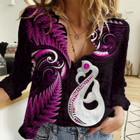 Personalised New Zealand Women Casual Shirt Aotearoa Silver Fern With Manaia Maori Unique Pink - Wonder Print Shop