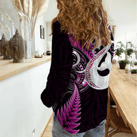 Personalised New Zealand Women Casual Shirt Aotearoa Silver Fern With Manaia Maori Unique Pink - Wonder Print Shop