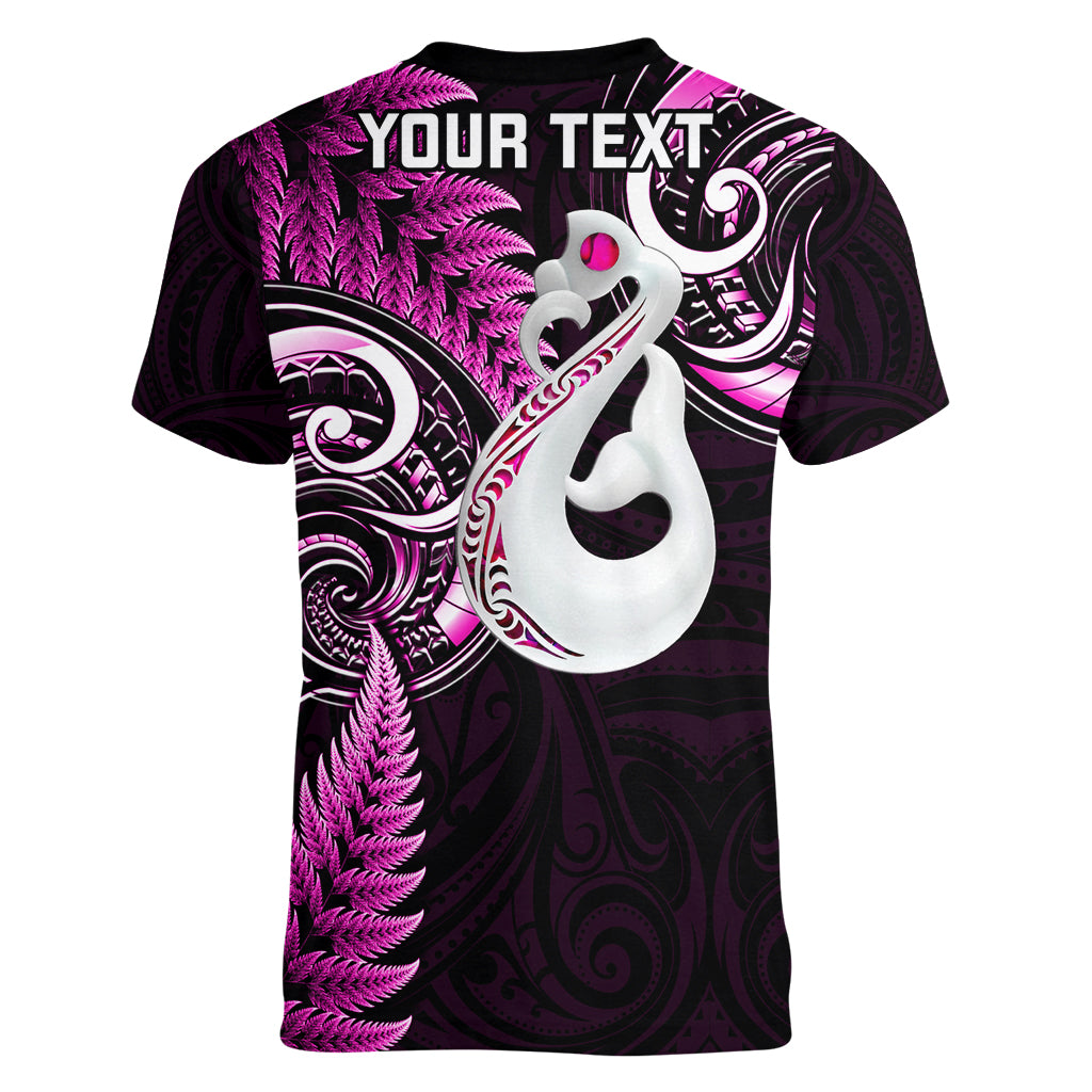 Personalised New Zealand Women V Neck T Shirt Aotearoa Silver Fern With Manaia Maori Unique Pink - Wonder Print Shop