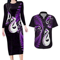 Personalised New Zealand Couples Long Sleeve Bodycon Dress and Hawaiian Shirt Aotearoa Silver Fern With Manaia Maori Unique Purple - Wonder Print Shop