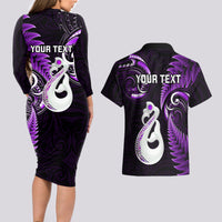 Personalised New Zealand Couples Long Sleeve Bodycon Dress and Hawaiian Shirt Aotearoa Silver Fern With Manaia Maori Unique Purple - Wonder Print Shop