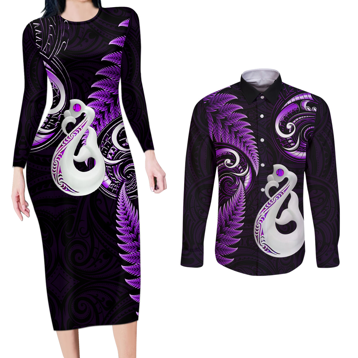 Personalised New Zealand Couples Long Sleeve Bodycon Dress and Long Sleeve Button Shirts Aotearoa Silver Fern With Manaia Maori Unique Purple - Wonder Print Shop