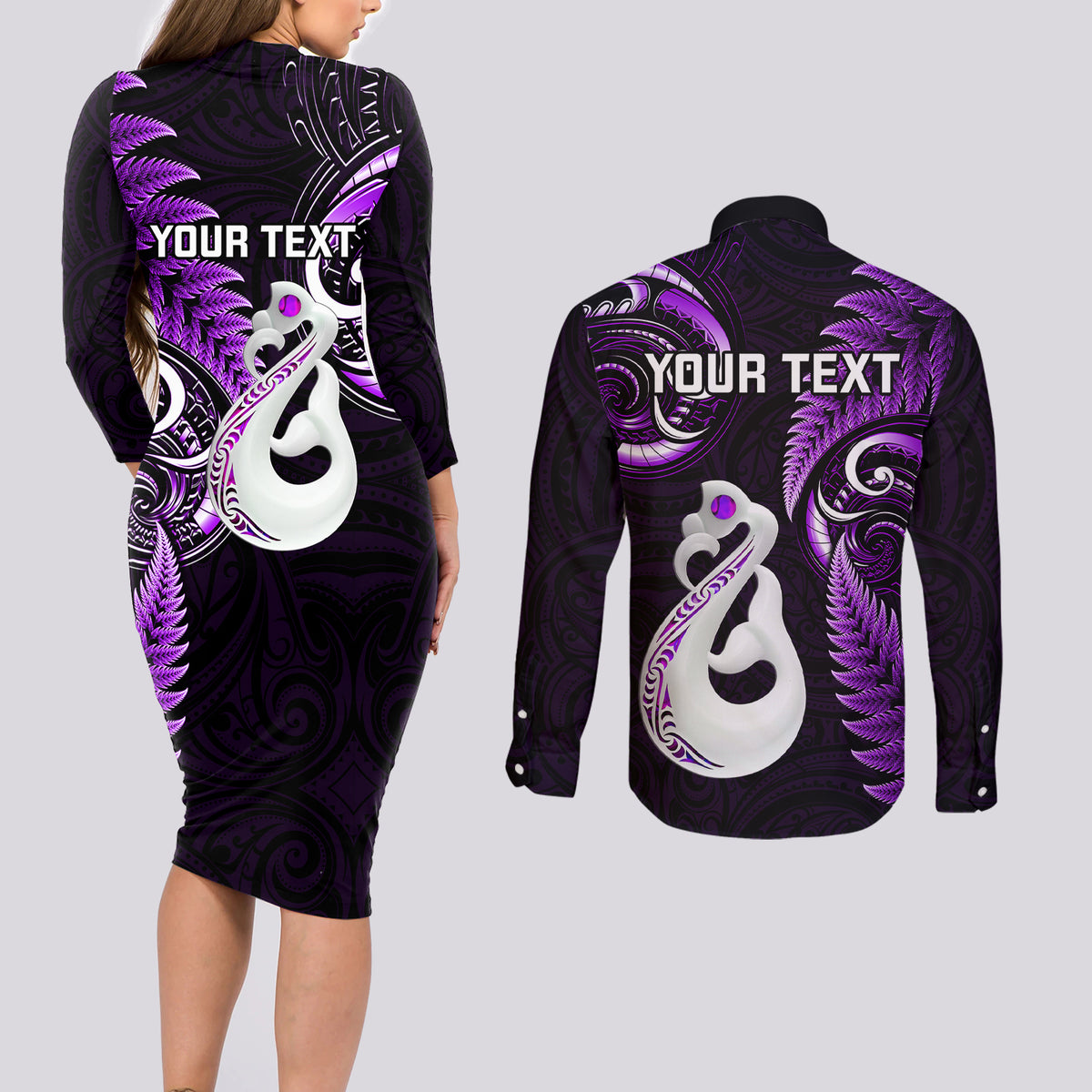 Personalised New Zealand Couples Long Sleeve Bodycon Dress and Long Sleeve Button Shirts Aotearoa Silver Fern With Manaia Maori Unique Purple - Wonder Print Shop