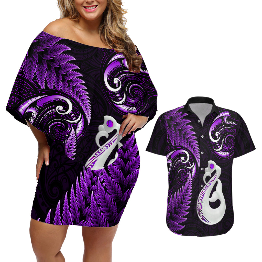 Personalised New Zealand Couples Off Shoulder Short Dress and Hawaiian Shirt Aotearoa Silver Fern With Manaia Maori Unique Purple - Wonder Print Shop