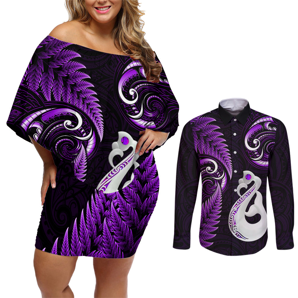Personalised New Zealand Couples Off Shoulder Short Dress and Long Sleeve Button Shirts Aotearoa Silver Fern With Manaia Maori Unique Purple - Wonder Print Shop