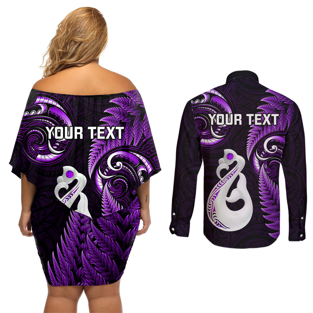 Personalised New Zealand Couples Off Shoulder Short Dress and Long Sleeve Button Shirts Aotearoa Silver Fern With Manaia Maori Unique Purple - Wonder Print Shop